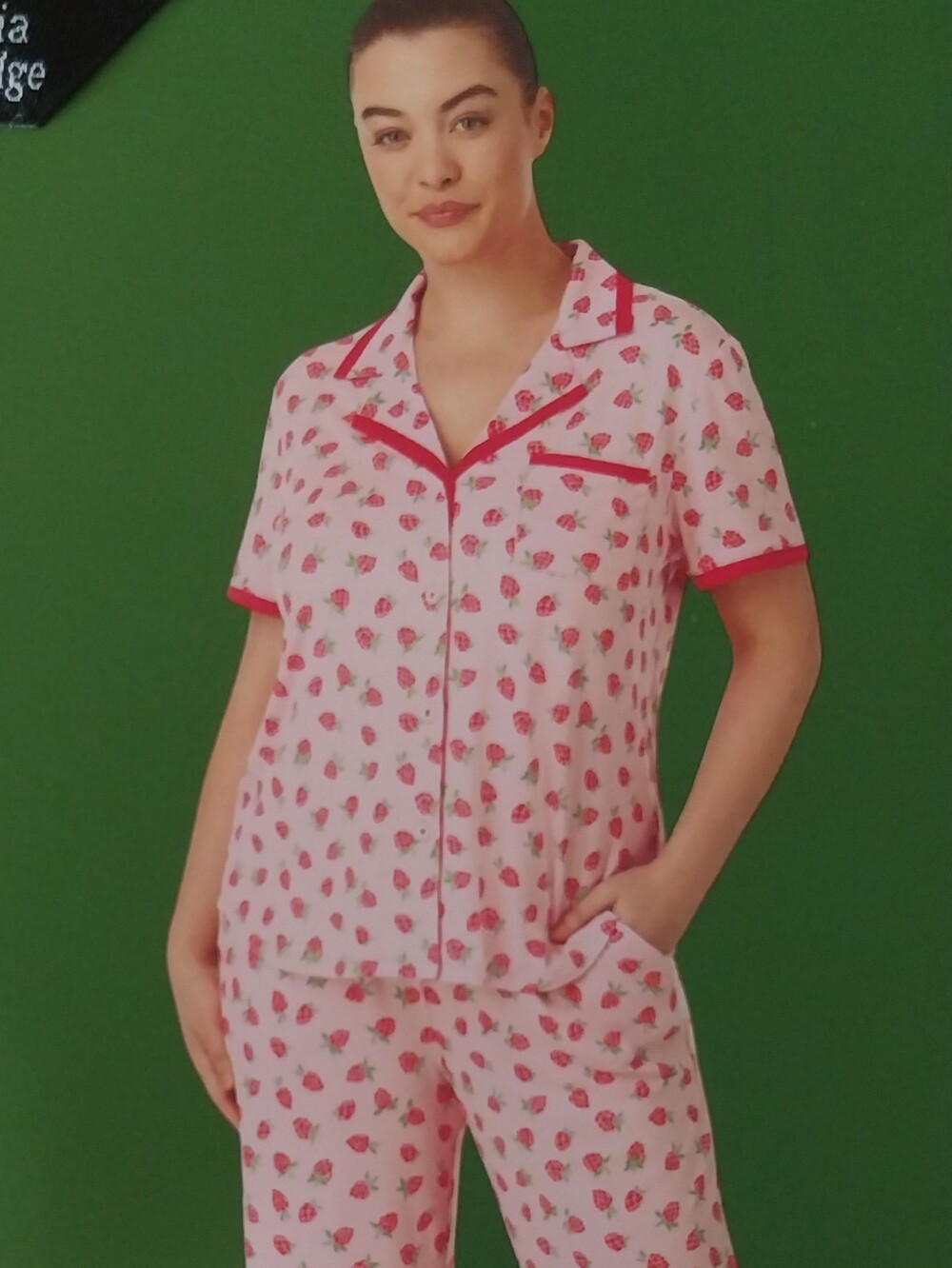 Brand New kate spade Pink Strawberry-Print Short Sleeve Pajama Set with Red Trim